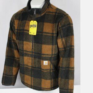 Carhartt Men's Loose Fit Fleece 1/4 Zip Pullover Brown Blk Buffalo Plaid